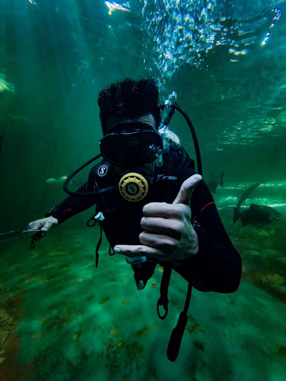 underwater diver giving hang loose sign in kerala